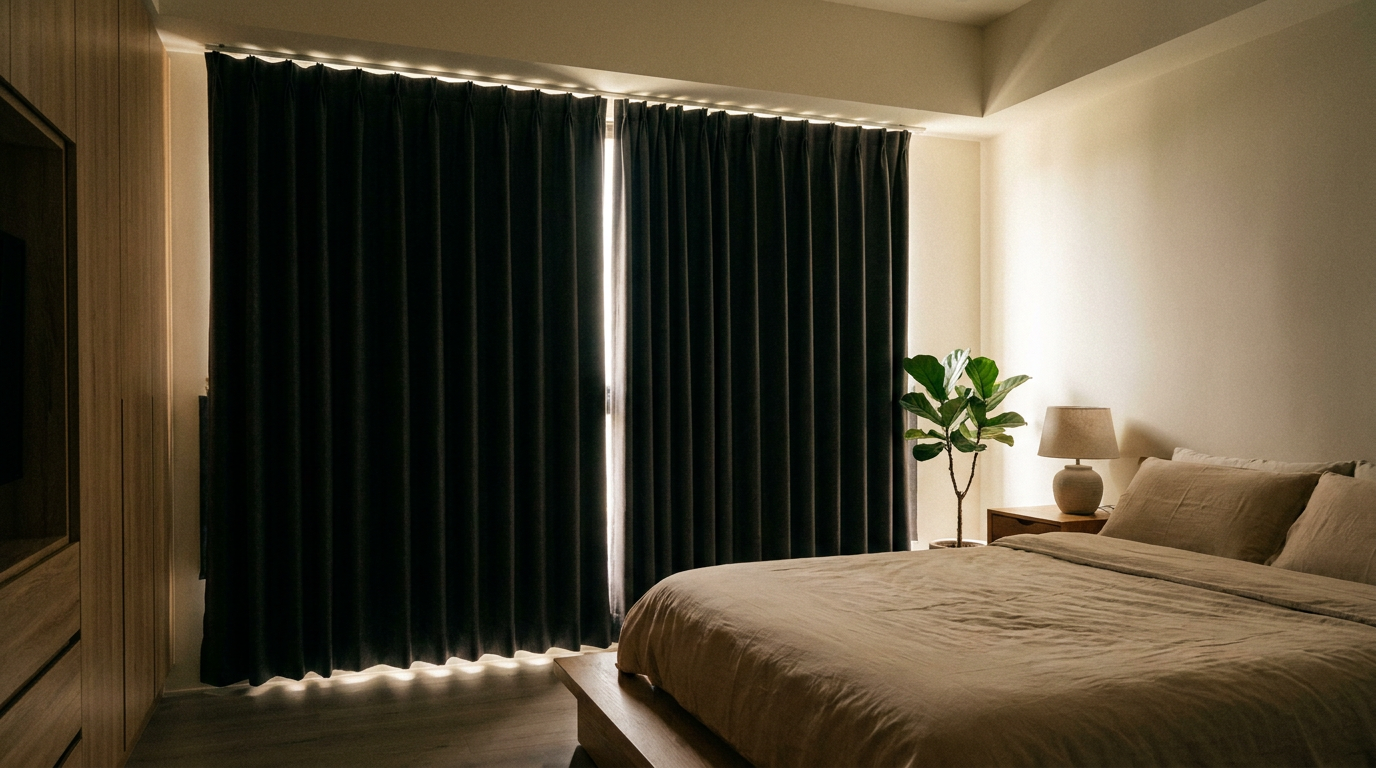Cozy bedroom with a low wood bed, beige duvet, dark blackout curtains, and a bedside lamp with a potted plant nearby.