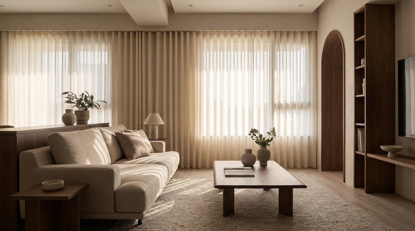 Bright beige living room with a cream sofa, sheer-curtains, and a wooden coffee table letting in soft sunlight.