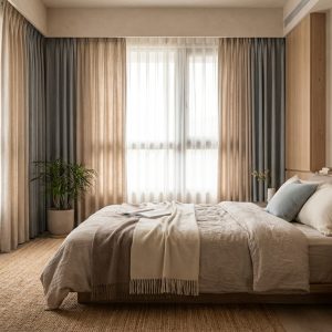 Neutral-toned bedroom with a low wooden bed, beige bedding, and sheer curtains by a large window.