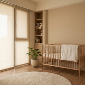 Bright nursery with a wooden crib, built-in shelves, and a potted plant near large shaded windows