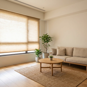 Bright minimalist living room with beige sofa, round wooden coffee table, woven rug, and potted plants by a large window with beige blinds.