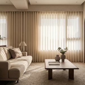 Bright beige living room with a cream sofa, sheer-curtains, and a wooden coffee table letting in soft sunlight.