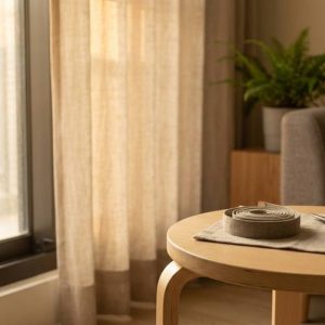 Round wooden table with a tape roll and scissors on a cloth, in a sunlit living room by a window.
