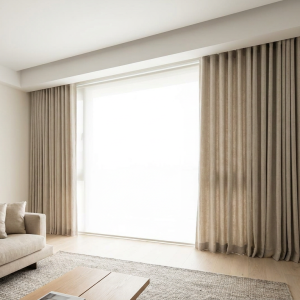 Neutral living room with beige sofa and floor-to-ceiling beige curtains by a large bright window