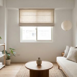 Minimalist living room with a beige sofa, round wooden coffee table, and potted plants near a window.