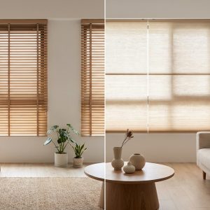 Bright living room with wooden blinds, a chair and potted plants on the left, and a beige sofa with a round wooden coffee table on the right (split view).