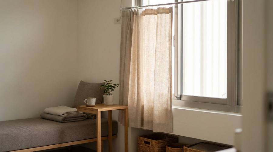 Small bedroom corner with a single bed, beige linens, a wooden bedside table, potted plant, and a window with sheer curtains.