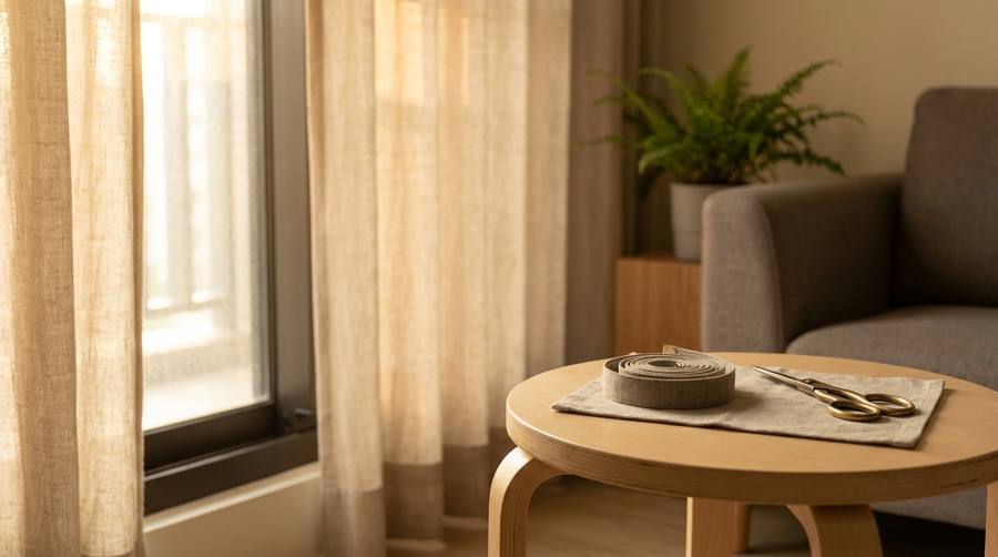 curtain-alteration-guide-featured | More窗簾設計|苗栗HunterDouglas窗飾|台中窗簾|頭份窗簾|新竹窗簾 | More窗簾設計|苗栗HunterDouglas窗飾|台中窗簾|頭份窗簾|新竹窗簾 Round wooden table with a tape roll and scissors on a cloth, in a sunlit living room by a window.