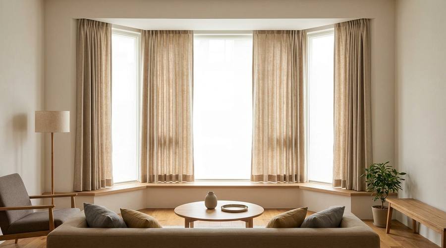 Cozy living room with a bay window, beige curtains, and a gray sofa with cushions facing a round coffee table.