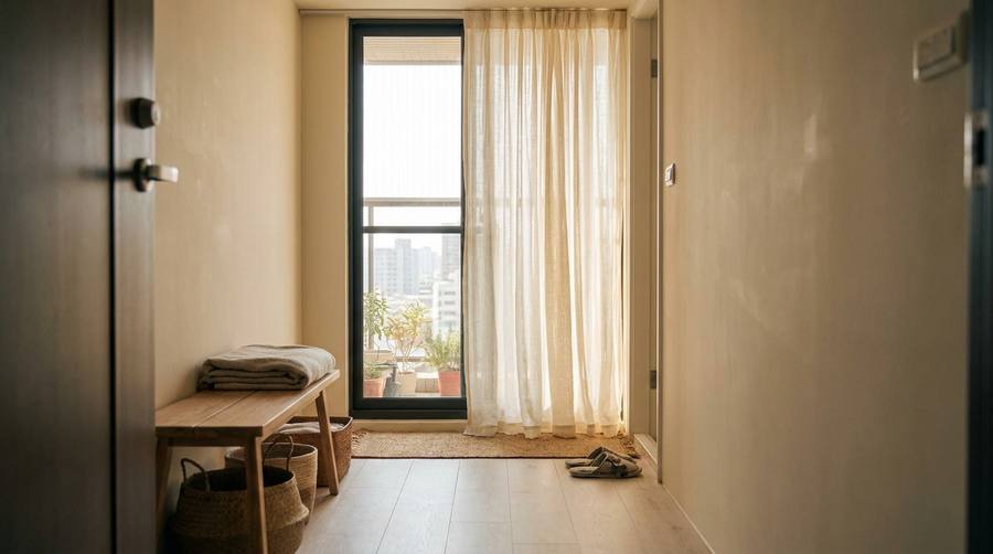 through-hall-sha-curtain-guide-featured | More窗簾設計|苗栗HunterDouglas窗飾|台中窗簾|頭份窗簾|新竹窗簾 | More窗簾設計|苗栗HunterDouglas窗飾|台中窗簾|頭份窗簾|新竹窗簾 Bright apartment entryway with a bench, folded towels, woven baskets, and a balcony door with sheer curtains.
