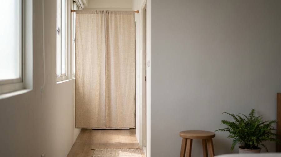 door-curtain-feng-shui-guide-featured | More窗簾設計|苗栗HunterDouglas窗飾|台中窗簾|頭份窗簾|新竹窗簾 | More窗簾設計|苗栗HunterDouglas窗飾|台中窗簾|頭份窗簾|新竹窗簾 Beige curtain across a narrow sunlit hallway at the far end, with windows on the left and light wood flooring.
