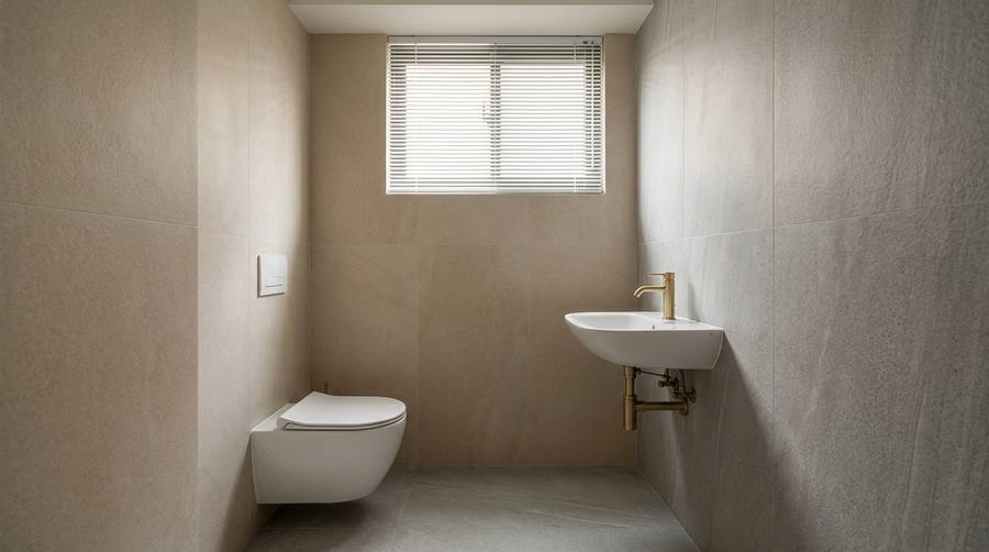 Minimalist beige bathroom with a wall-mounted toilet and a small wall sink beneath a window with blinds.