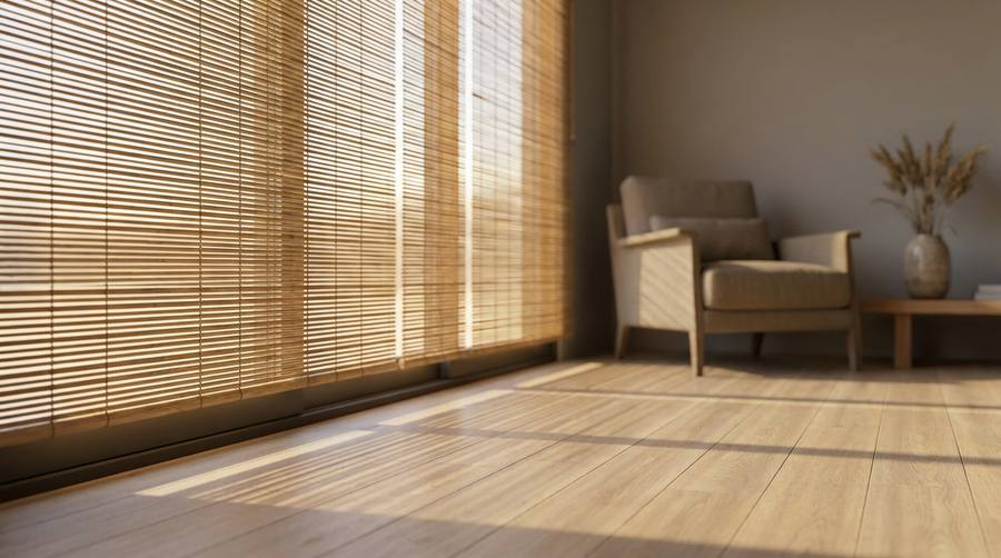 bamboo-blind-disadvantages-featured | More窗簾設計|苗栗HunterDouglas窗飾|台中窗簾|頭份窗簾|新竹窗簾 Bright living room with wooden blinds casting striped sunlight on a wooden floor, beige armchair and coffee table.