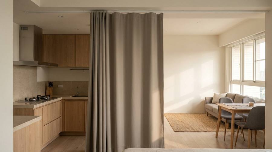 Open-plan living area with a kitchen on the left and a dining area on the right, separated by a gray curtain.