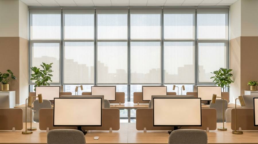 Open-plan office with rows of desks, beige partitions, and computer monitors, flanked by potted plants and large windows showing a city skyline.