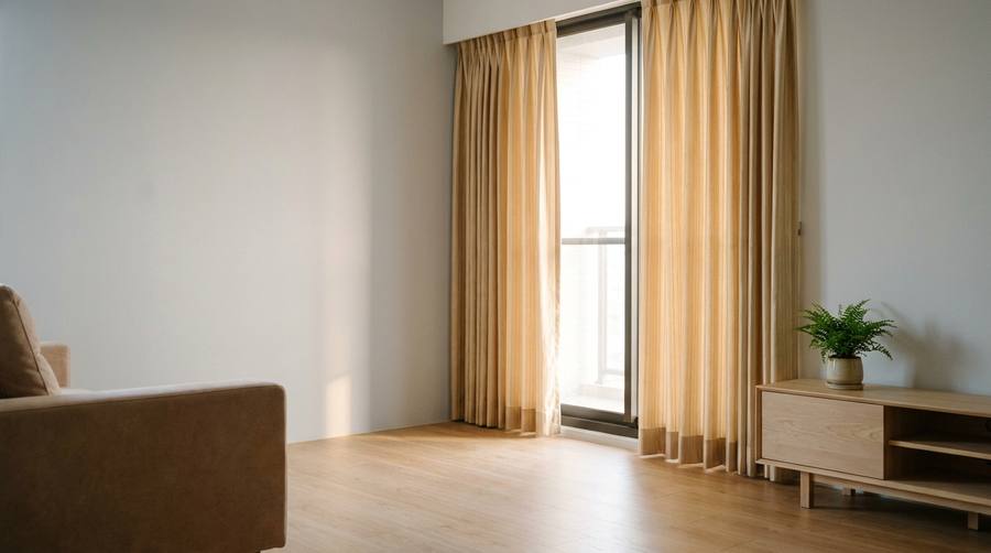 Minimal living room with light wood floors, beige curtains over a glass balcony door, and a plant on a low wooden console.