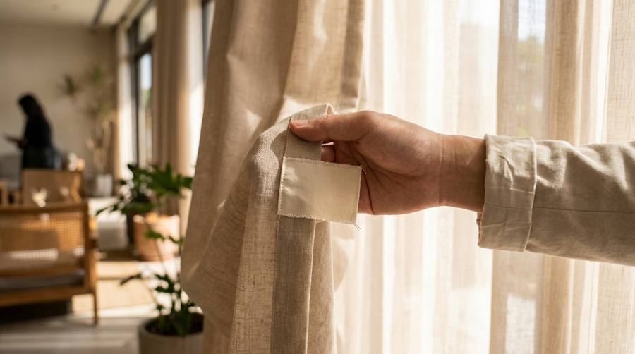 Person opens a beige curtain to let sunlight into a cozy living room with plants in the background.
