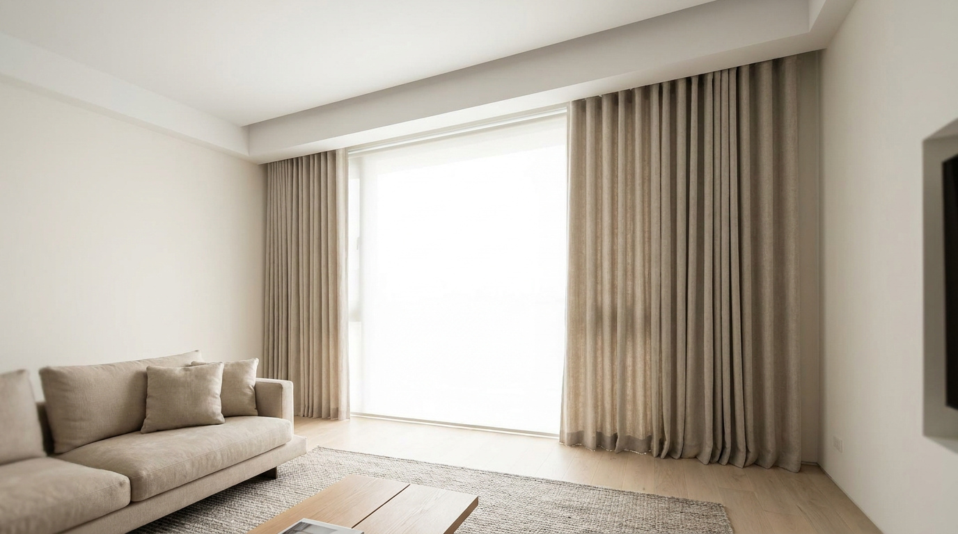 Neutral living room with beige sofa and floor-to-ceiling beige curtains by a large bright window