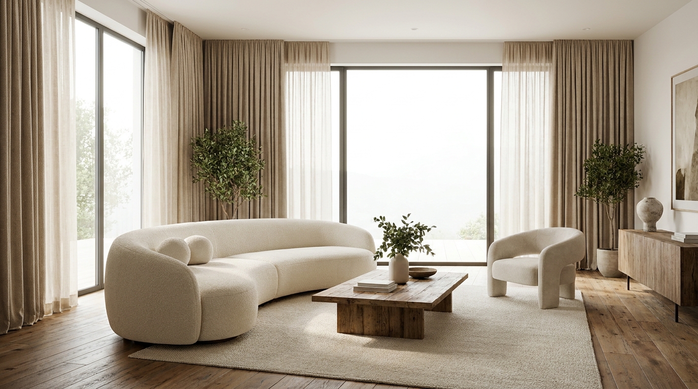 living-room-floor-to-ceiling-window-curtain-guide-featuredjpg | More窗簾設計|苗栗HunterDouglas窗飾|台中窗簾|頭份窗簾|新竹窗簾 Modern living room with a curved beige sofa, light armchair, and wooden coffee table on a large rug by floor-to-ceiling windows with beige curtains.