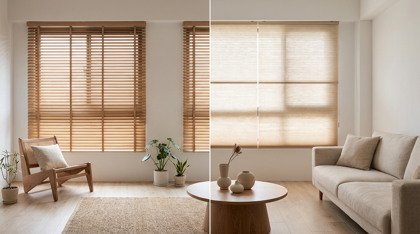 wood-blinds-vs-honeycomb-shades-featuredjpg | More窗簾設計|苗栗HunterDouglas窗飾|台中窗簾|頭份窗簾|新竹窗簾 Bright living room with wooden blinds, a chair and potted plants on the left, and a beige sofa with a round wooden coffee table on the right (split view).